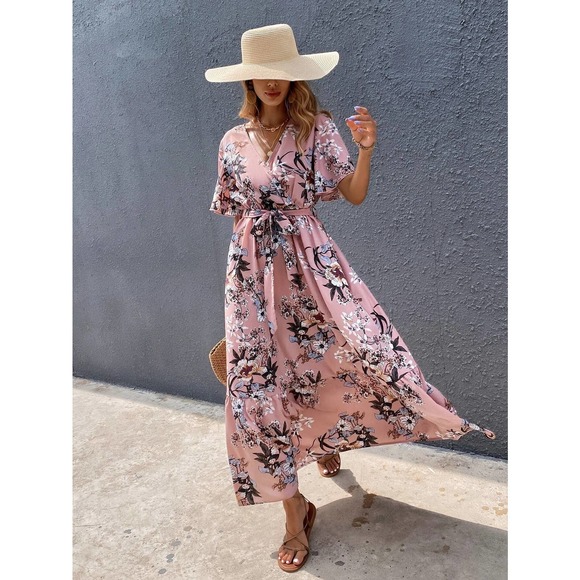 Surplice V Neck Floral Print Belted Short sleeve Maxi Dress pink - Picture 4 of 6